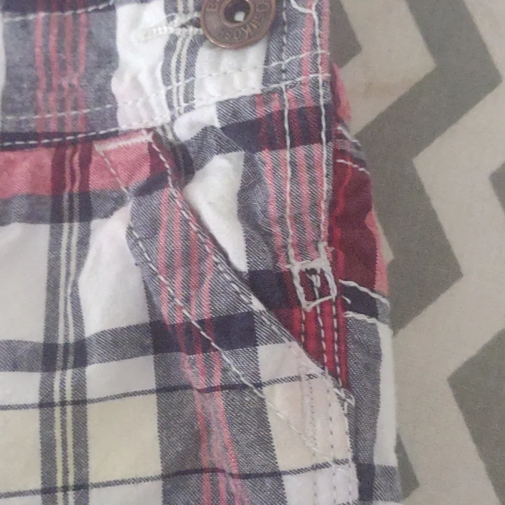 OshKosh B'gosh overalls short Baby 6 mo red/black plaid yellow‎ stripe pockets